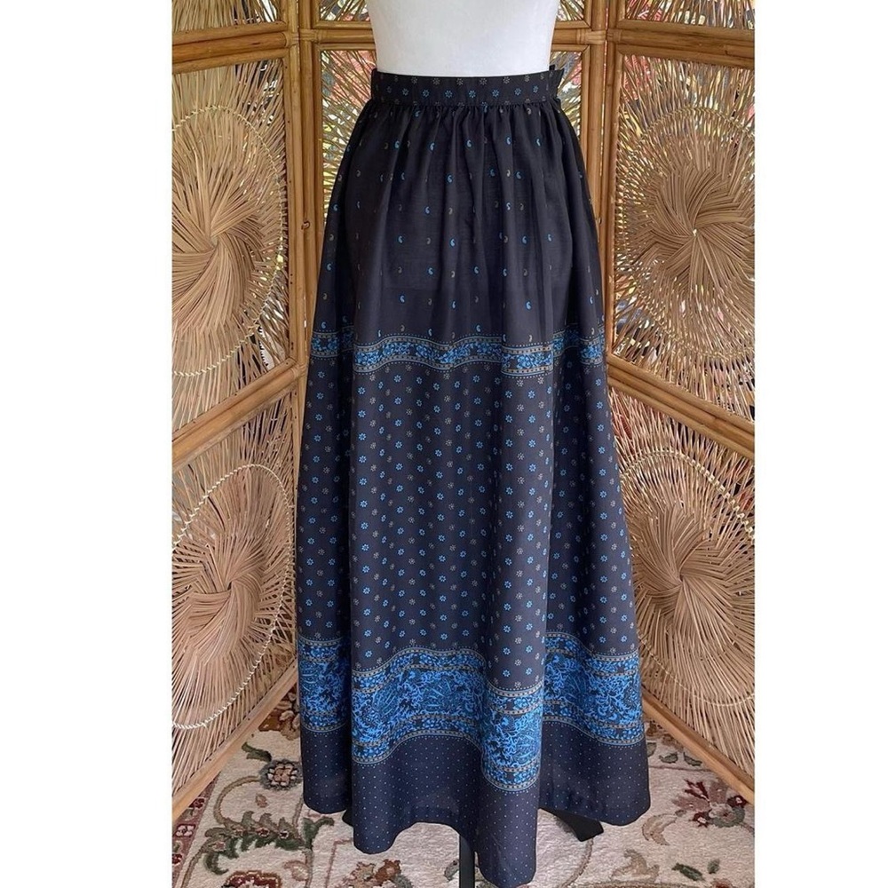 Vintage Black & Blue Boho Hippie Prairie Flower Paisley Maxi Skirt Cottagecore